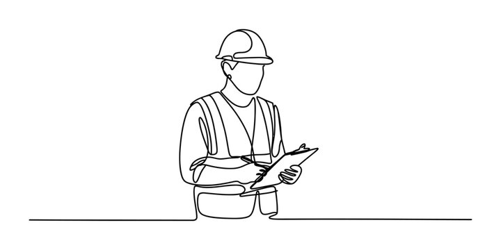 Continuous single line drawing of a construction worker wearing a safety hard hat holding a clipboard and writing notes for an engineering project site