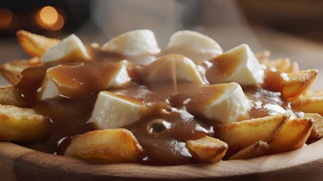 Delicious Poutine Being Prepared with Steaming Gravy and Cheese Curds.