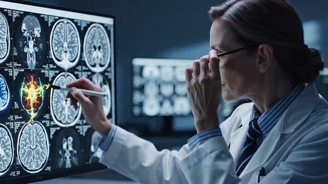 Medical Professional Analyzing Brain Scans on a Computer Monitor in a Modern Laboratory.