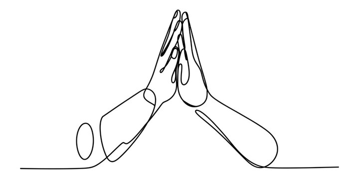 Continuous single line drawing of two human hands pressed together in a prayer or gratitude gesture representing unity peace and spiritual connection