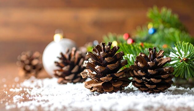 A serene Christmas scene with pinecones, snow, and ornaments