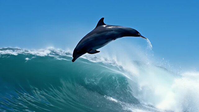 Amazing dolphin leaping over a crashing ocean wave under blue sky.
