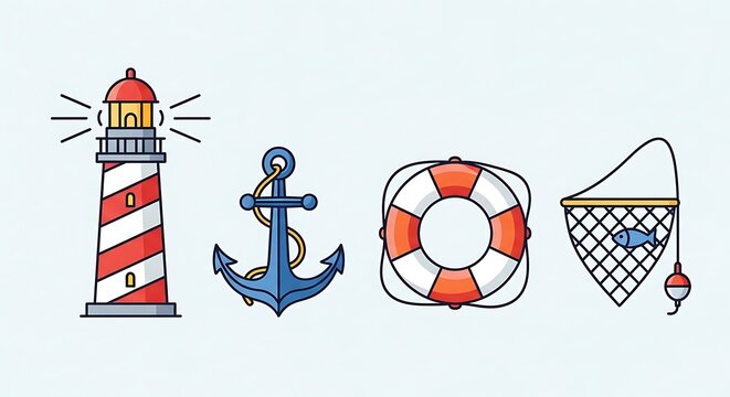 Nautical icons lighthouse anchor lifebuoy fishing net.
