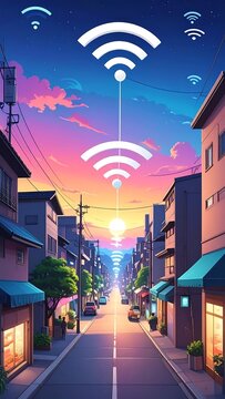 A serene city street at sunset with WiFi symbols