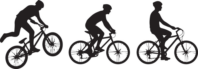 Naklejka premium Set of black silhouettes of male cyclists riding bicycles and performing stunts isolated on a white background