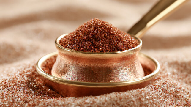 Traditional copper cezve filled with finely ground coffee sitting on brown sand
