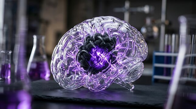 Transparent human brain model with glowing purple energy in a lab