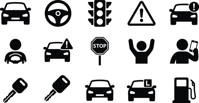 Traffic lights and road signs collection featuring stop, no entry, pedestrian crossing, school zone, parking, and mandatory direction symbols