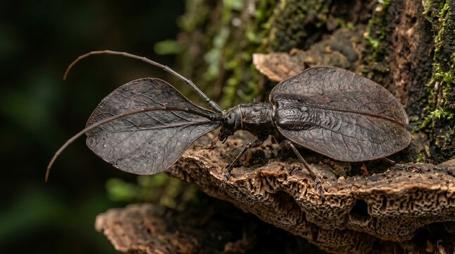 Exotic Violin Beetle Mimicking a Dry Leaf on Tree Fungus in the Rainforest
