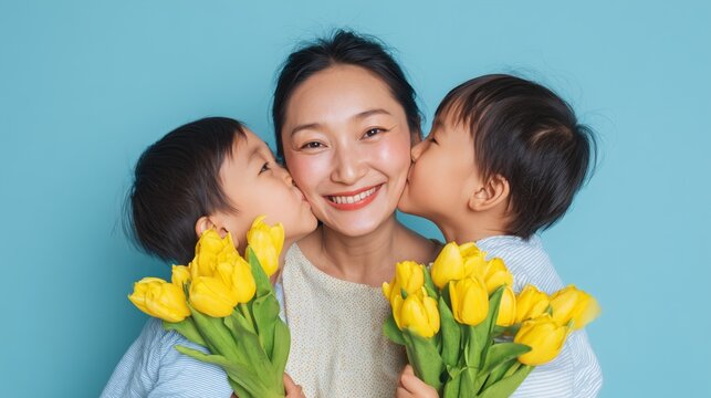 Happy asian mother smiling with two sons kissing her cheeks, holding yellow tulips