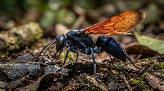 Tarantula Hawk Wasp with Iridescent Blue Body and Orange Wings Macro