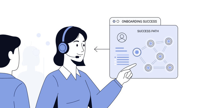 Customer support team guiding onboarding success path on digital interface