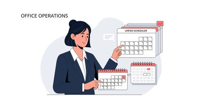 Woman managing schedule with calendars, office operations concept