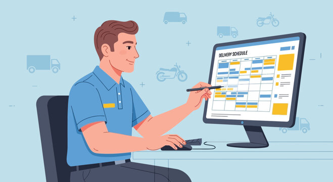 Delivery logistics manager plans schedule on computer screen