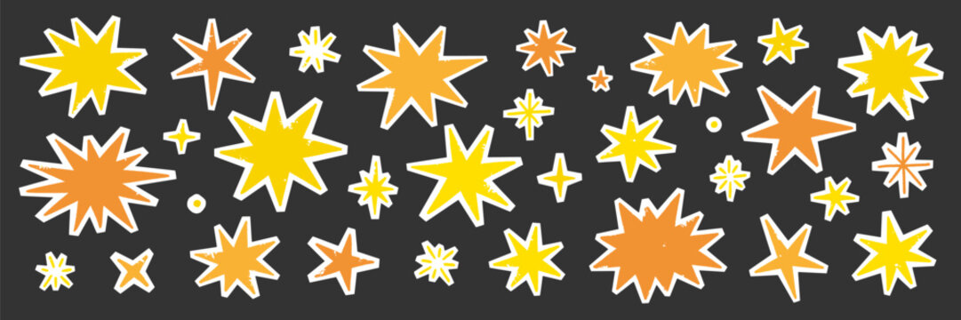 Star paper collage sticker set. Hand drawn star cutout doodle with grunge texture torn irregular edge. Gold yellow sparkle burst scrapbook cartoon cute retro background. Vector illustration