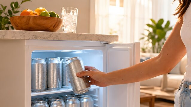 Woman taking a cold refreshing aluminum beverage can out of a mini fridge