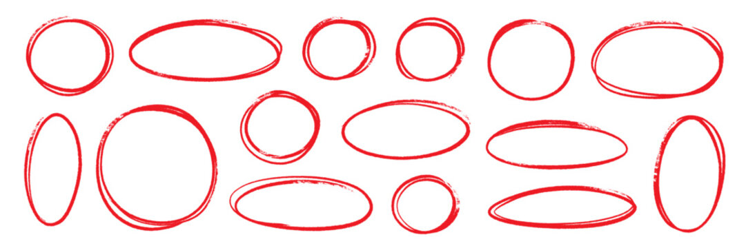 Hand drawn red line brush oval set. Hand drawn line brush pencil oval red color doodle marker chalk pen. Round circle underline frame check sign banner highlight texture shapes. Vector illustration