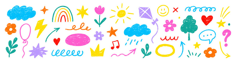 Crayon line kid star set. Hand drawn crayon line pastel pencil kid heart flower icon texture scribble. Cute children rainbow cloud play smile school underline cartoon background. Vector illustration © Polina Tomtosova