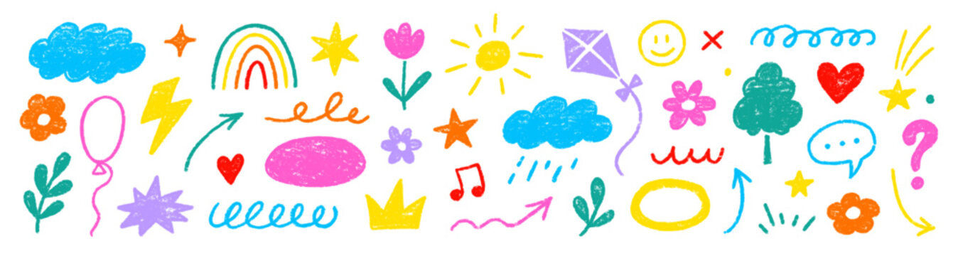 Crayon line kid star set. Hand drawn crayon line pastel pencil kid heart flower icon texture scribble. Cute children rainbow cloud play smile school underline cartoon background. Vector illustration