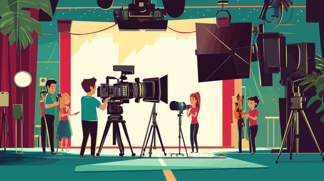 Indoor video studio setup with crew preparing for filming scene