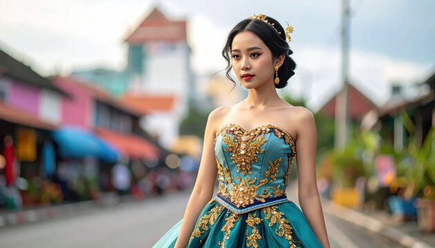 Elegant Asian Woman in Ornate Teal Gown Walking Down Colorful Street.