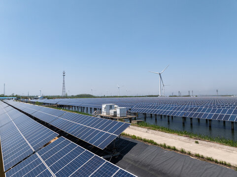 Nantong photovoltaic and wind power new energy generation field under blue sky