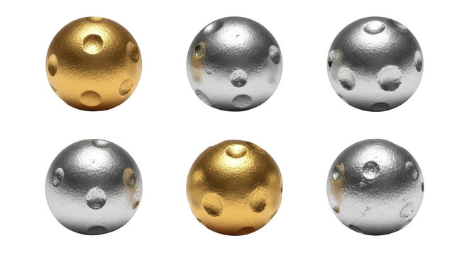six metallic spheres gold and silver arranged on a white backdrop a comparative design for business materials