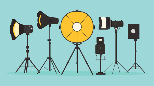 Studio lighting setup with various professional lights and reflectors