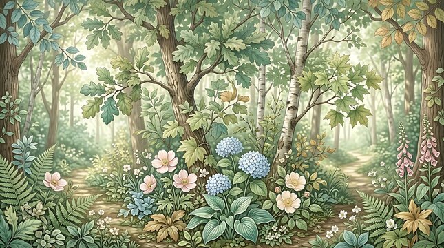 Enchanting woodland garden with blooming flowers and lush greenery