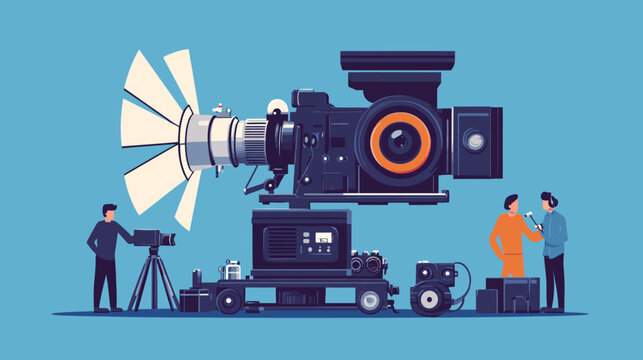 Illustration of professional camera setup with crew in studio