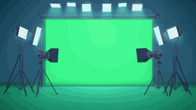 Green screen studio setup with professional lighting and cameras