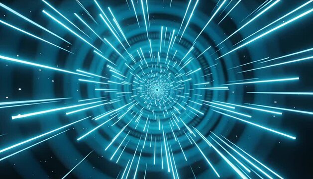 Futuristic light tunnel neon speed line abstract motion background sci fi vortex blue glowing streak digital warp energy portal infinite space pattern radial design particle star field dynamic depth