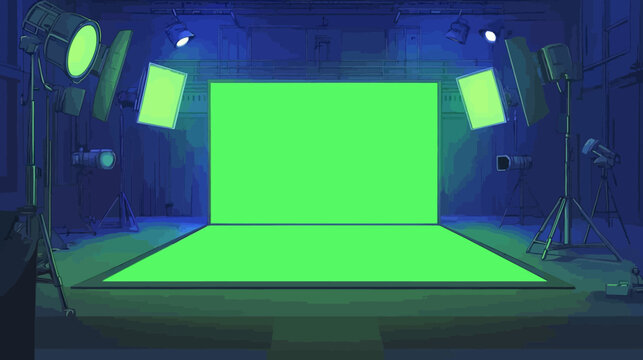 Indoor green screen studio setup with lighting and backdrop