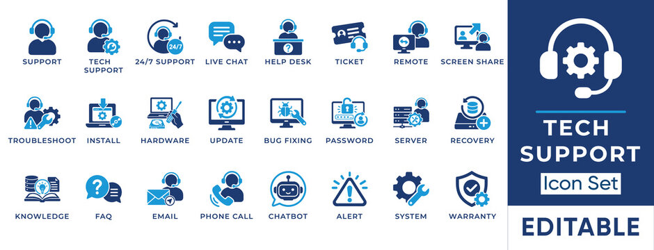 Tech support and customer service solid icon set. Includes symbols for Troubleshoot, Helpdesk, and Live Chat. Vector icons for CRM software, IT infrastructure, and SaaS dashboards.
