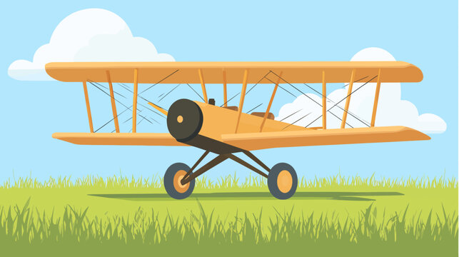 Vintage biplane aircraft flying in sky with grass field below
