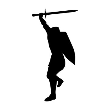 Medieval knight male warrior holding sword, shield isolated on white background. Hero wearing armor. Knight silhouette. For symbol, logo, web icon, mascot and game elements. Protection and security.