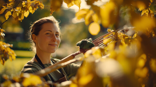 A gardener working among golden autumn leaves, capturing the essence of seasonal beauty.