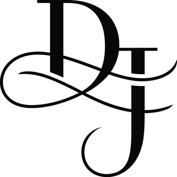 Elegant serif monogram letters D and J interwoven with calligraphy flourishes, decorative initials design for luxury branding identity