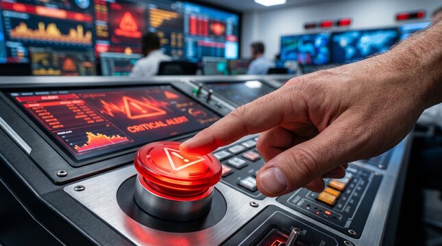 Crucial moment in a high-stakes control center a person's hand reaches for a glowing red emergency button, signaling a critical alert amidst complex data displays and monitors