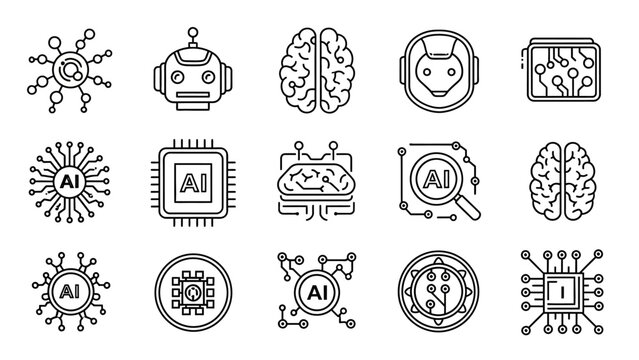 Modern Artificial Intelligence and Machine Learning Outline Icons Set Depicting Robotics, Digital Brains, Processors, and Neural Networks for Future Technology Concepts