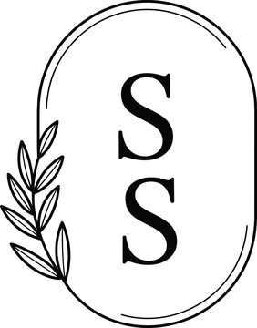Elegant serif monogram letters S and S inside botanical oval frame, minimalist decorative initials design for wedding luxury branding