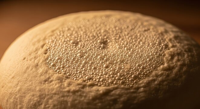 Extreme close up texture of rising dough with microscopic bubbles showing its porous surface
