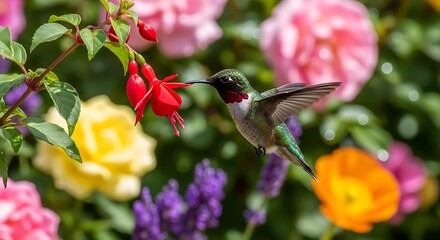 Fototapeta premium Hummingbird feeding from red flower.