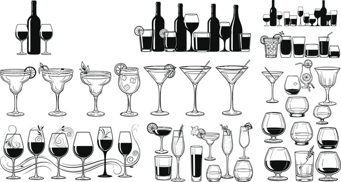 Wine Cocktail and Beverage Glass Collection Vector Illustration with Alcohol Drinks Bar and Party Icons