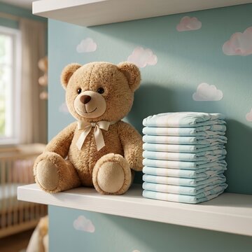Teddy bear sitting next to stack of baby diapers on shelf in nursery