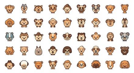 Naklejka premium Collection of various animal cartoon faces.