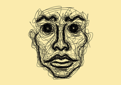 Abstract sketch of a human face with dark eyes and scribbled features.
