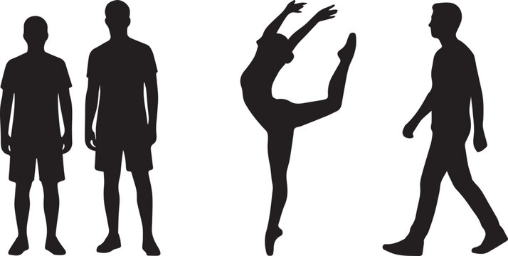 Set of black silhouettes featuring men standing and walking, alongside a female ballet dancer jumping isolated on white background