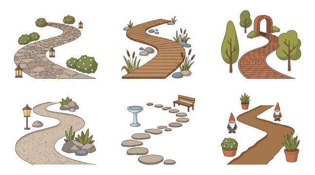 Set of six colorful garden path vector illustrations featuring winding walkways made from stones bricks and wooden planks for landscaping