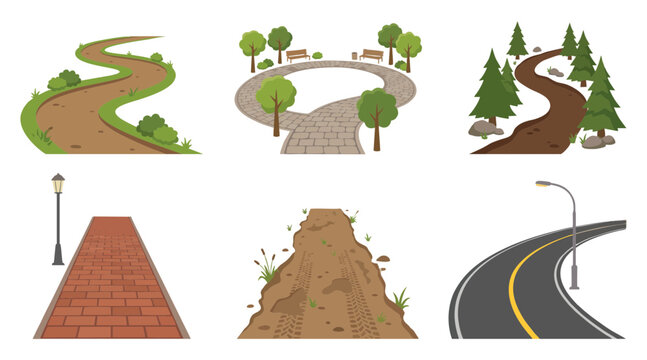 Set of diverse vector road and path illustrations featuring winding dirt trails paved walkways and modern asphalt highway street designs